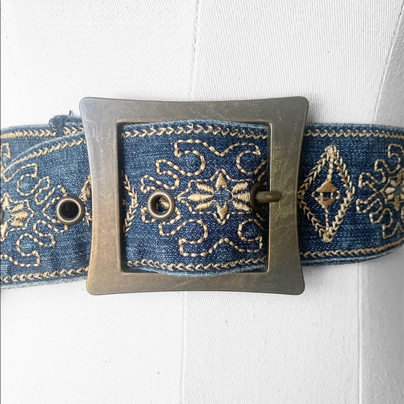 Vintage Accessories - Vintage Retro Gold Embroidered Denim Blue Boho Fashion Belt